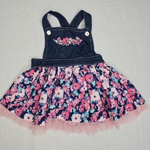 NANETTE LEPORE BABY floral Print‎ Jumper Overall DRESS Denim & Tulle  12 mo Pink